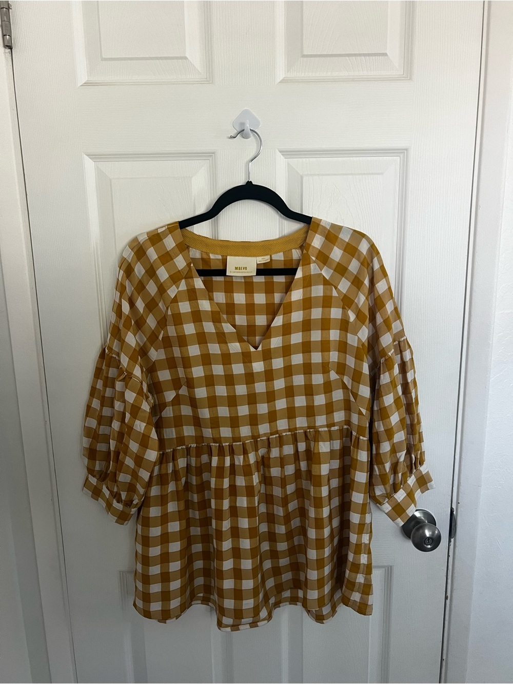 Anthropologie Maeve Mustard and White Gingham Top